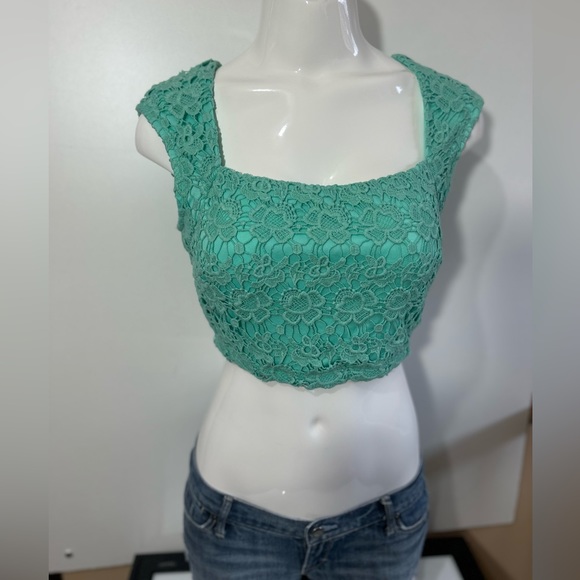 NWT VA VA.VOOM HOT MIAMI STYLE LACE GREEN turquoise CROPPED back zipper size L - Picture 3 of 8